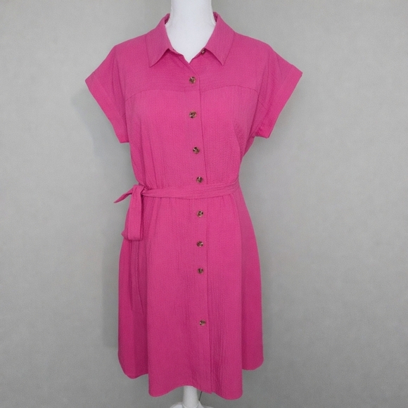 Calvin Klein Dresses & Skirts - Calvin Klein Hot Pink Button-Front Fit & Flare Gauze Preppy Feminine Shirt Dress